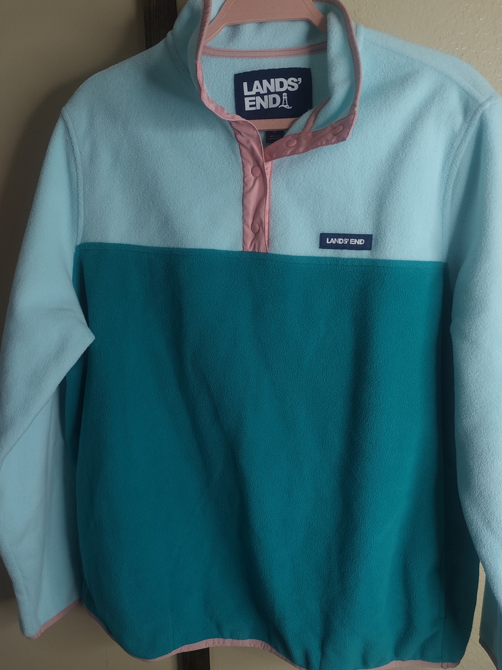 Lands' End Colorblock Teddy Fleece Pullover in Aqua, Teal & Pink Trim